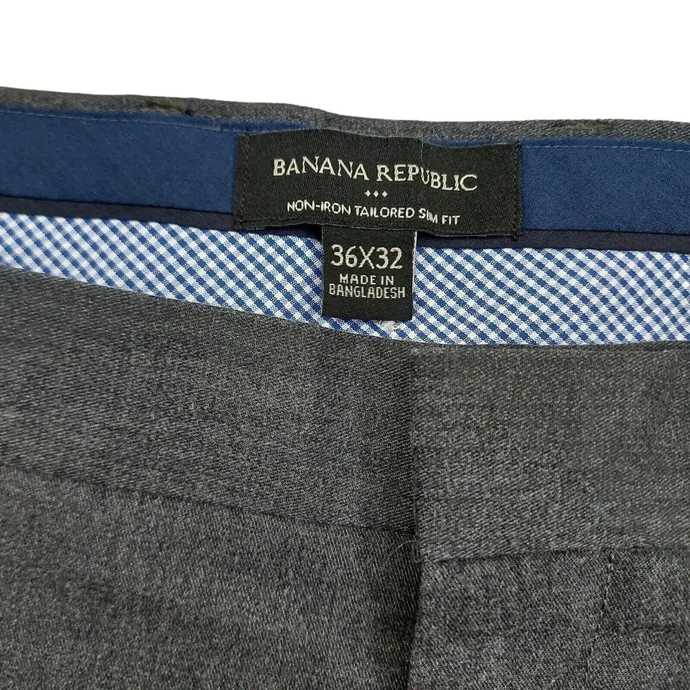 Banana Republic Mens Dress Pants 36x32 Gray Non-Iron Tailored Slim Fit Chino